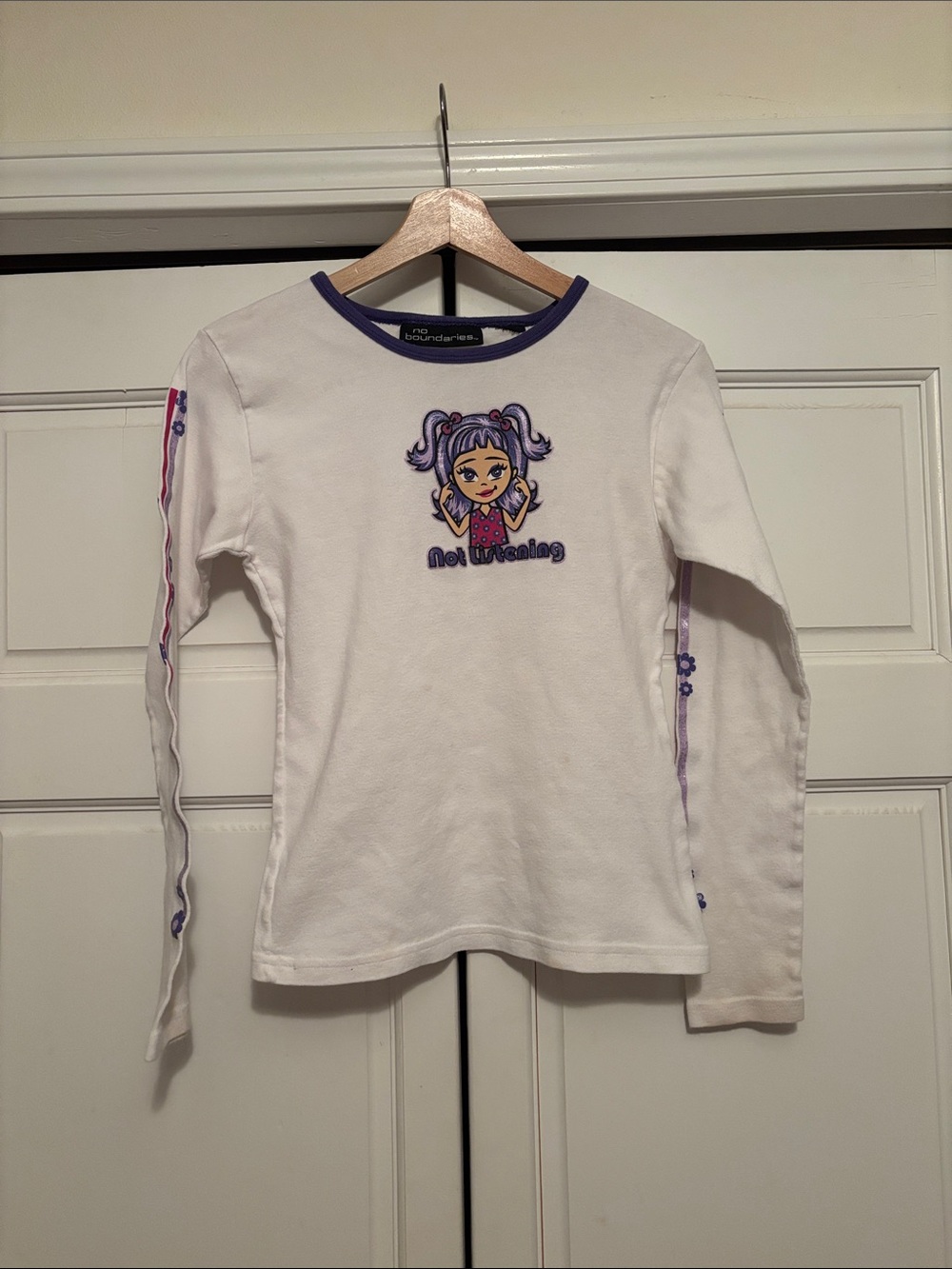 No Boundaries “Not Listening” White Long-Sleeve Tee with Purple Graphic